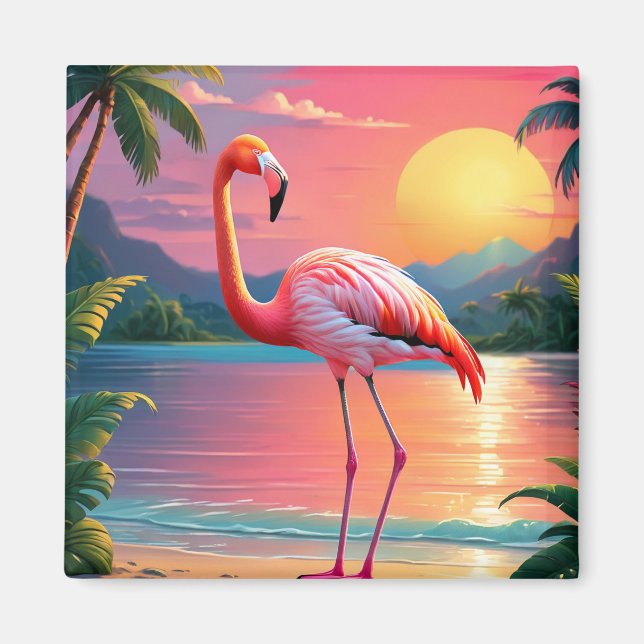 Aimant Flamant rose Sunset Tropical Beach (Devant)