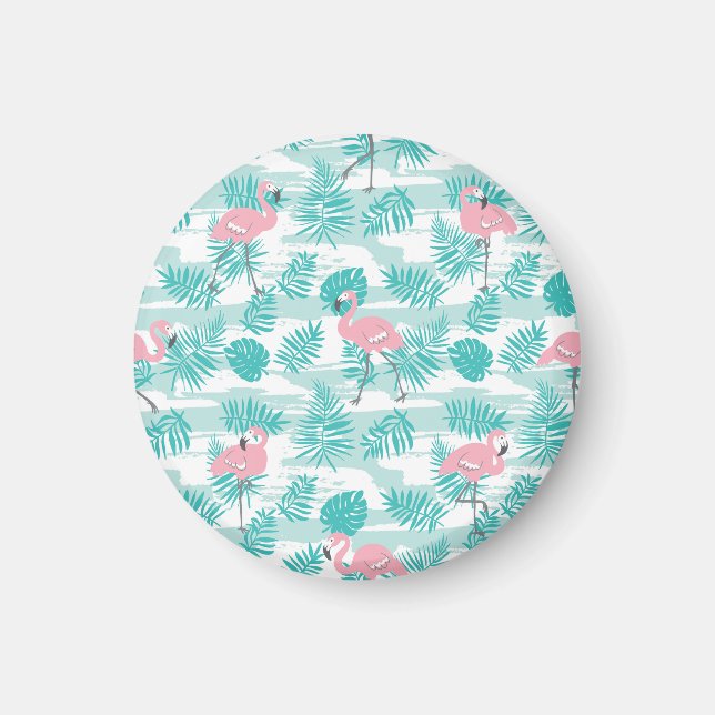 Aimant flamants roses, feuilles de palmiers verts, tropic (Devant)