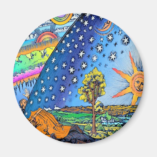 Aimant Flammarion Woodcut Flat Earth Design Carré COULEUR (Devant)