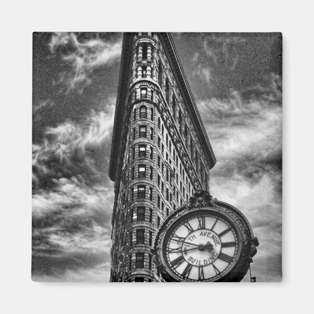 Aimant Flatiron Building et horloge en noir et blanc (Devant)