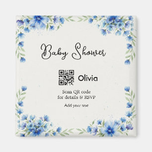 Aimant Fleur aquarelle bleue bébé shower scan QR RSVP pa