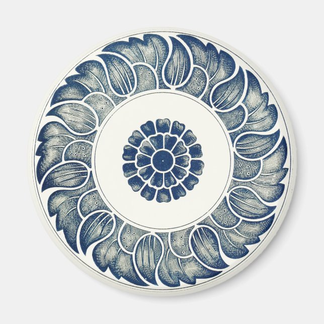 Aimant Fleur bleue blanche chinoise ronde (Devant)