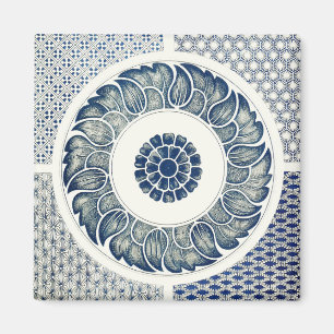 Aimant Fleur bleue blanche chinoise ronde