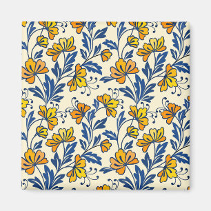 Aimant Fleur Bleue Feuillue de Style Folk Orange Jaune Vi