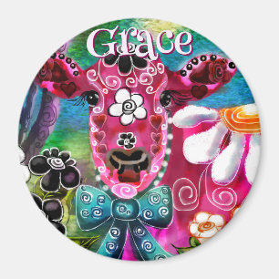 Aimant Fleur Cow rose sarcelle noir personnalisée Fantais