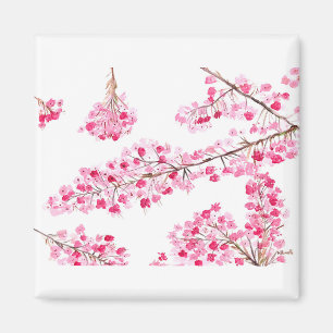 Aimant Fleur de cerisier rose arbre aquarelle