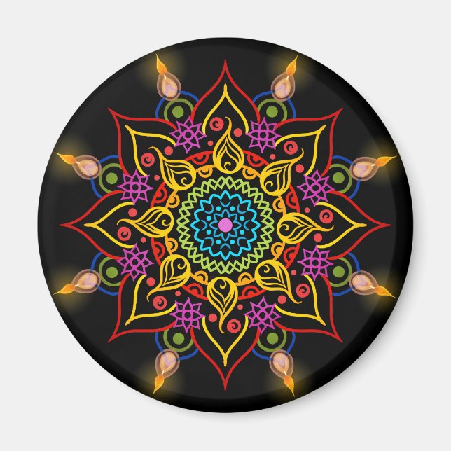 Aimant Fleur de Diwali Rangoli avec lampes à huile (Devant)