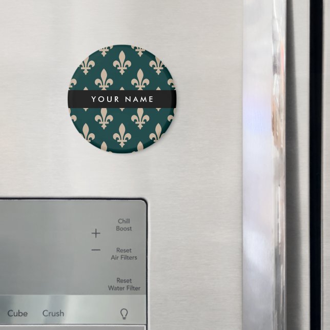 Aimant Fleur de Lis, Beige sur Vert, Royal, Votre Nom (In situ (réfrigérateur))
