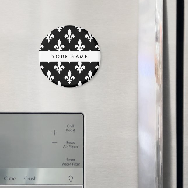 Aimant Fleur de Lis, Blanc sur Noir, Blanc, Votre Nom (In situ (réfrigérateur))