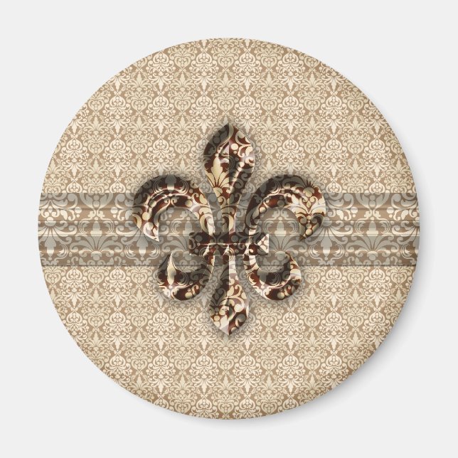 Aimant Fleur de Lis d'or avec motif Damas de crème (Devant)
