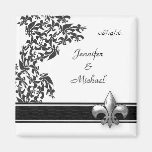 Aimant Fleur de Lis Mariage damassé noir et blanc