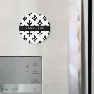 Aimant Fleur de Lis, Noir sur Blanc, Noir, Votre Nom