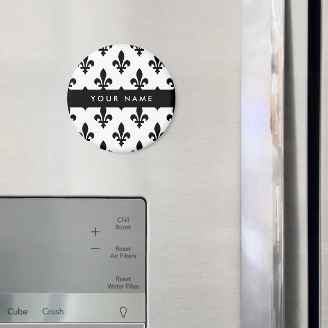 Aimant Fleur de Lis, Noir sur Blanc, Noir, Votre Nom (In situ (réfrigérateur))