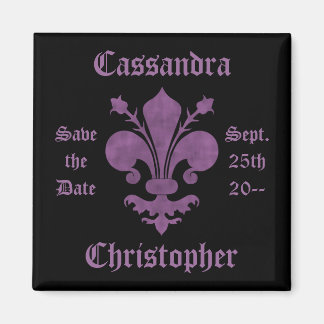 Aimant Fleur de lis violet sur noir sauf la date mariage