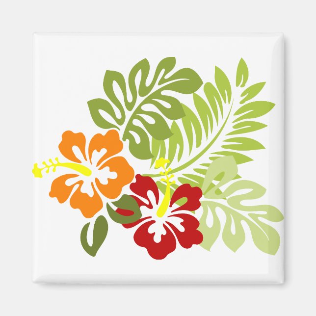 Aimant Fleur Feuilles tropicaux Hibiscus Hawaii Rouge Ora (Devant)