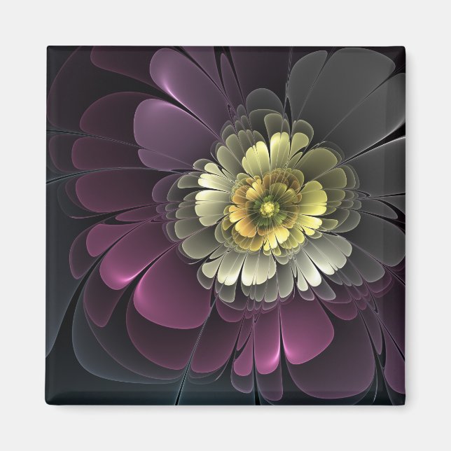 Aimant Fleur fractale grise et pourpre moderne abstraite (Devant)