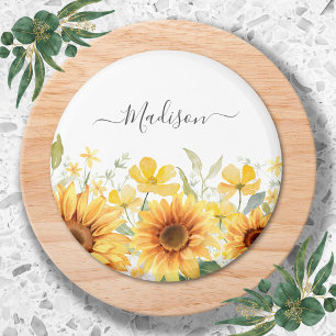 Aimant Fleur jaune de monogramme Tournesol floral botaniq