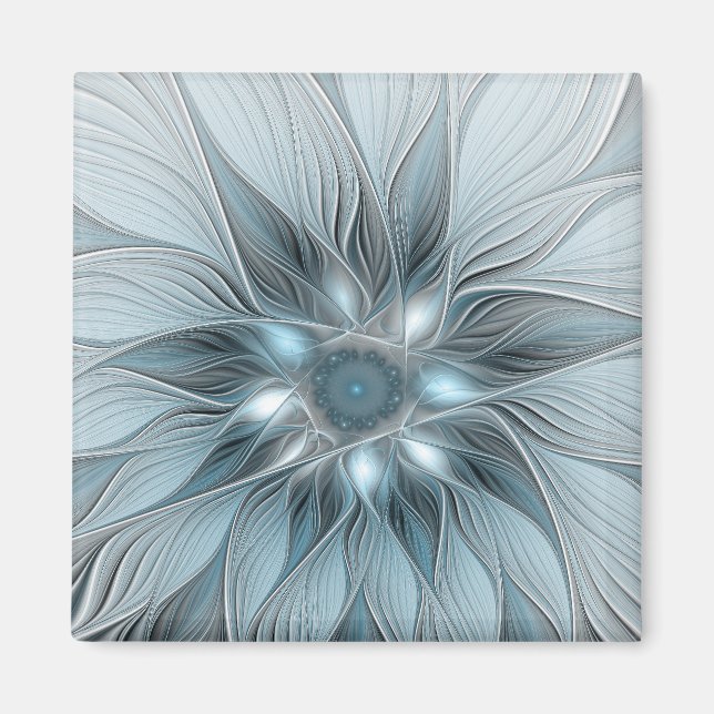 Aimant Fleur joyeuse abstraite fleur bleue grise fractale (Devant)