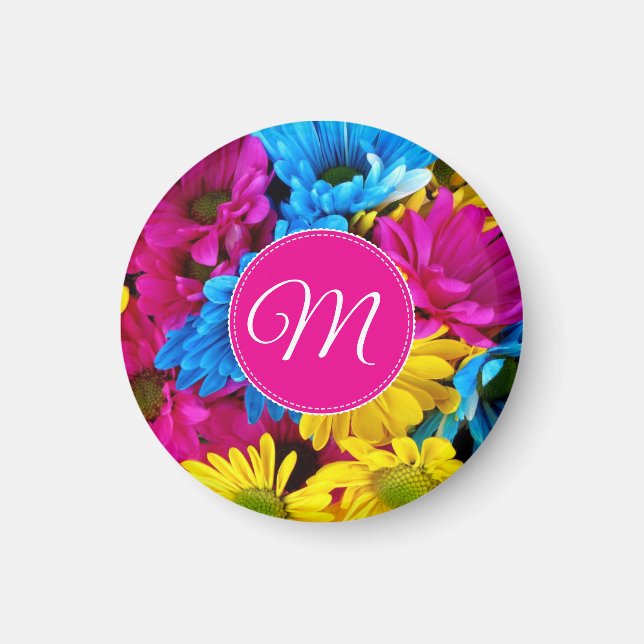 Aimant Fleurs à monogramme en couleurs fluorescentes (Devant)