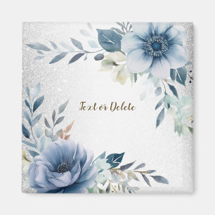 Aimant Fleurs aquarelles bleu poussiéreux Élégant argent