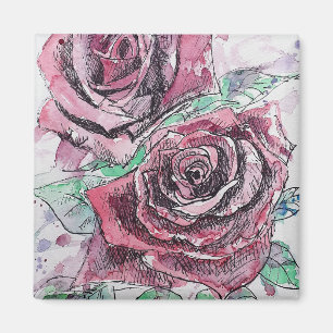 Aimant Fleurs aquarelles de rose rouge Peinture florale