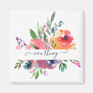 Aimant Fleurs aquarelles personnalisées rose et orange