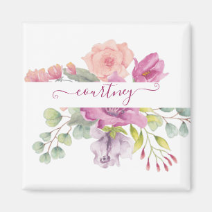 Aimant Fleurs aquarelles personnalisées rose et pêche