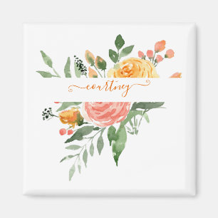 Aimant Fleurs aquarelles rose et orange personnalisées  