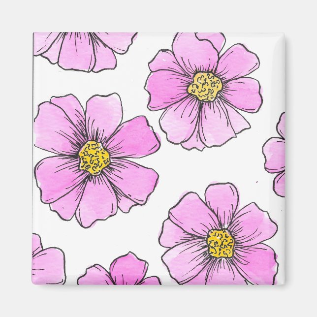 Aimant Fleurs aquarelles roses et fantaisie  (Devant)