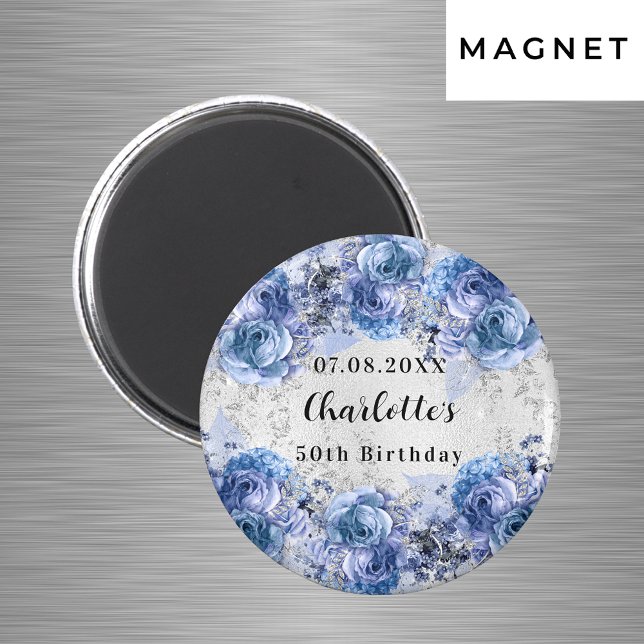 Aimant Fleurs argentées bleues pour annoncer la date d'an (Save the Date and keepsake!)