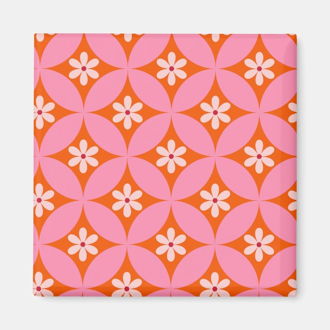 Aimant Fleurs blanches sur motif de cercles roses du mili (Devant)