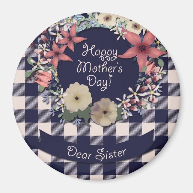 Aimant Fleurs bleu marine et corail | Pour Soeur (Devant)