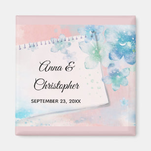 Aimant Fleurs Bleues Jolies sur Fond Rose Mariage
