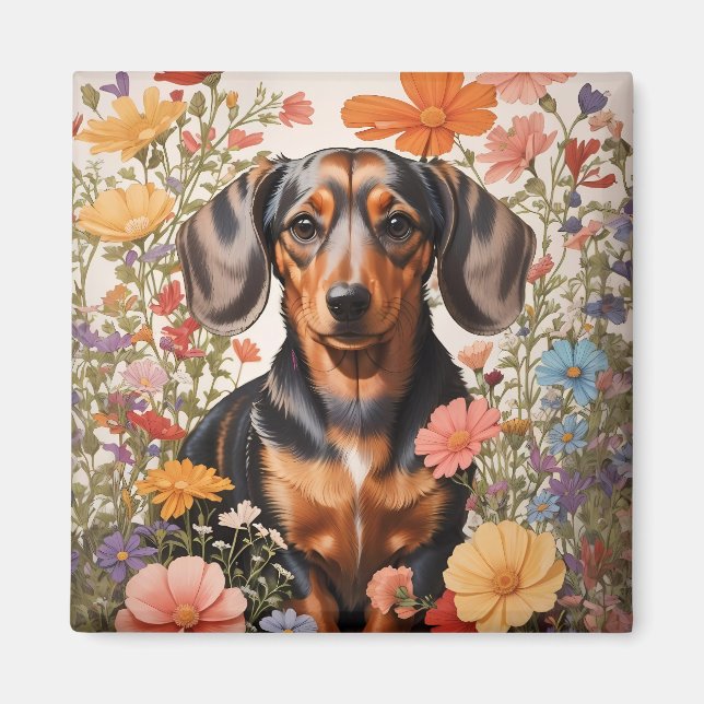 Aimant Fleurs Brown De Dachshund Et Cosmos (Devant)