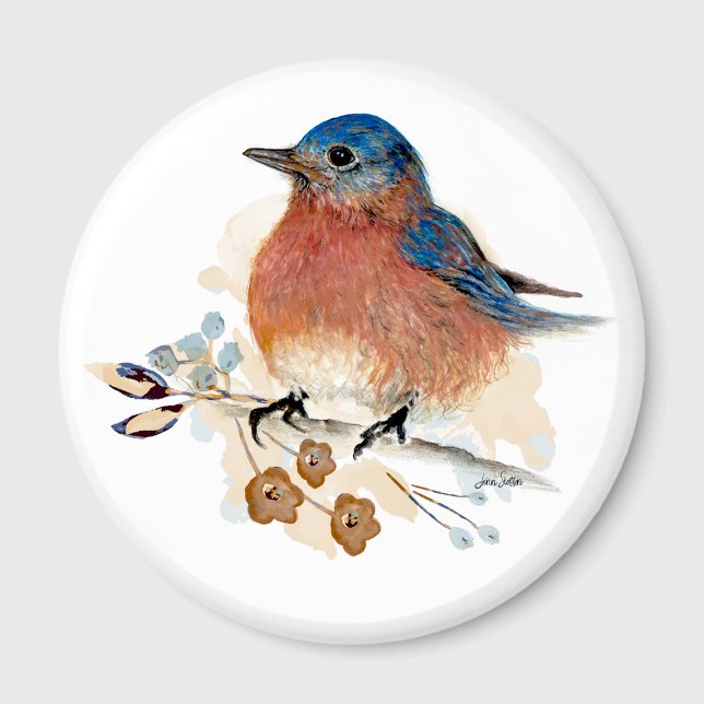 Aimant Fleurs de Merle Bleu Aquarelle (Bluebird Flowers Watercolor Magnet from Jenn Steffen Art)