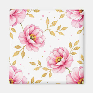 Aimant Fleurs de pivoine roses motif feuilles dorées
