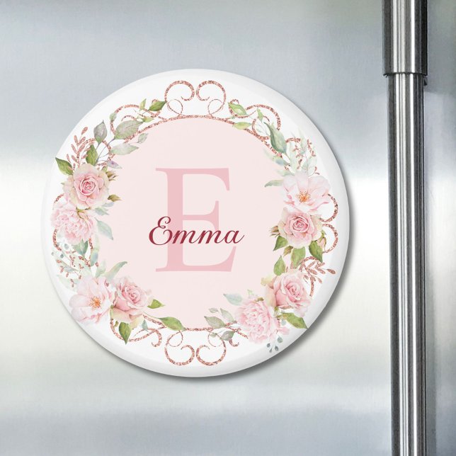 Aimant Fleurs de rose rose blush en aquarelle à monogramm (In situ)