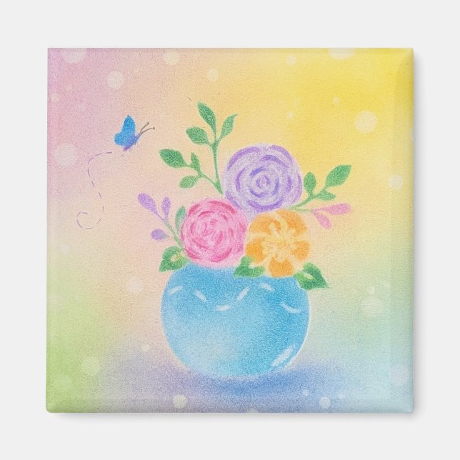 Aimant Fleurs de vase pastel Papillon Art (Devant)