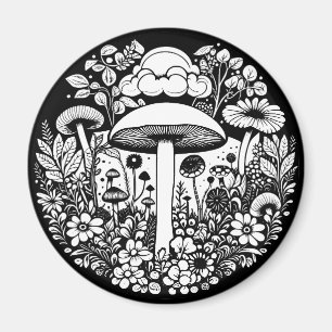 Aimant Fleurs et champignons noirs et blancs Vintages