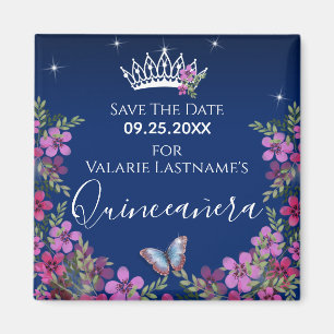 Aimant Fleurs et papillon Quinceanera Enregistrer la date