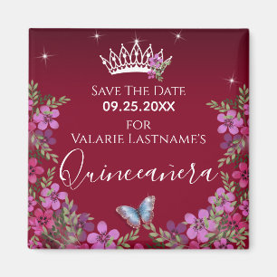 Aimant Fleurs et papillon Quinceanera Enregistrer la date