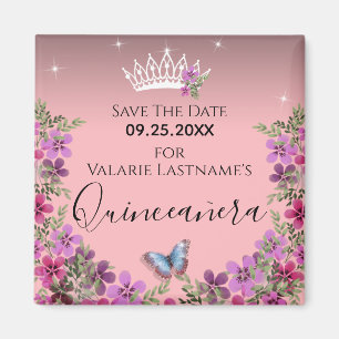 Aimant Fleurs et papillon Quinceanera Enregistrer la date