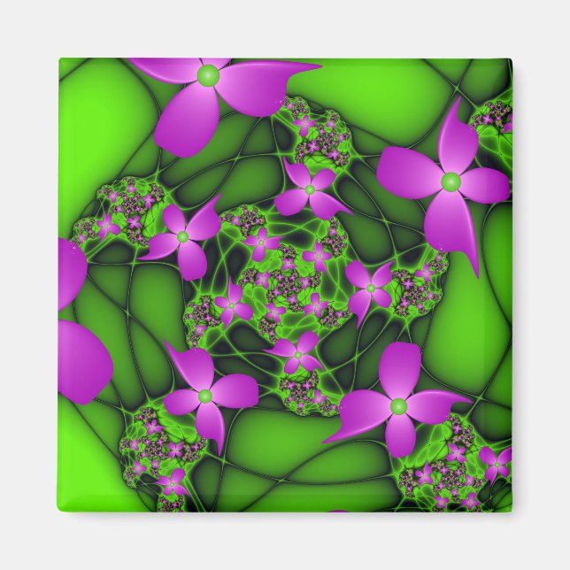 Aimant Fleurs fractales abstraites modernes rose vert néo (Devant)