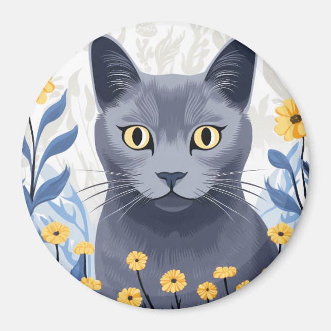 Aimant Fleurs Jaunes Chat Bleu Russe (Devant)