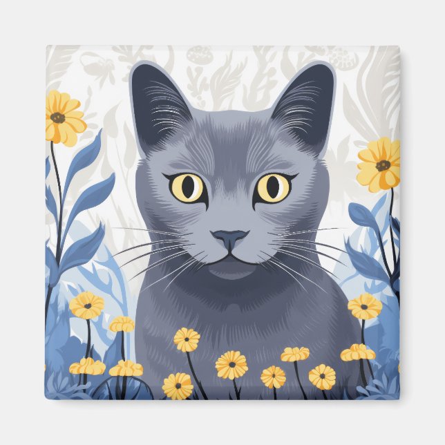 Aimant Fleurs Jaunes Chat Bleu Russe (Devant)