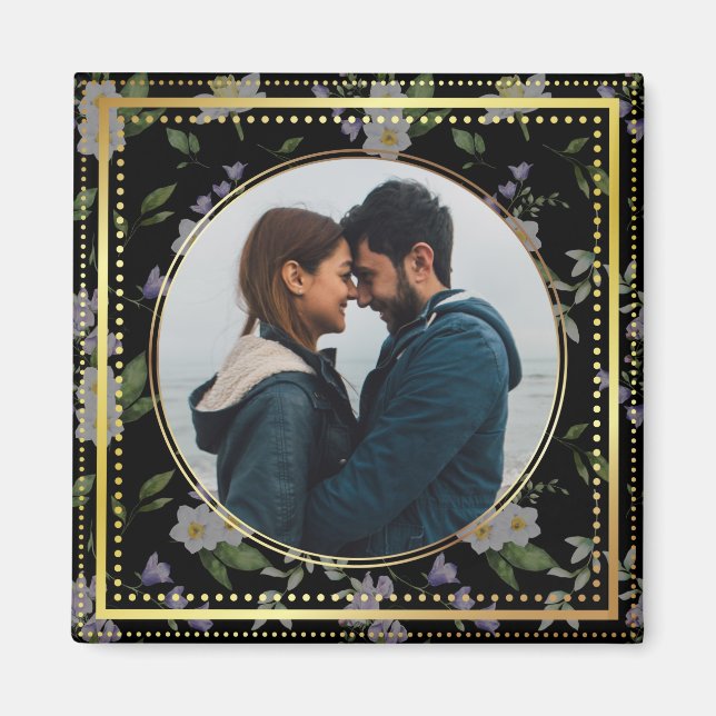 Aimant Fleurs noires et dorées, Cadeau de mariage (Devant)