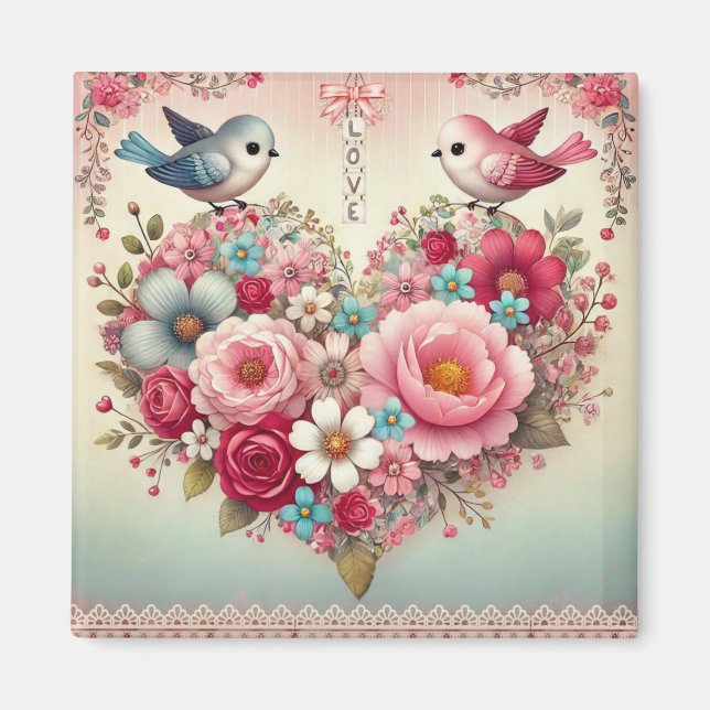 Aimant Fleurs/oiseaux/coeur vintages Saint-Valentin (Devant)