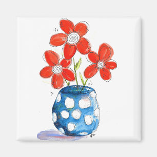 Aimant Fleurs orangées Whimsical dans Vase Bleu