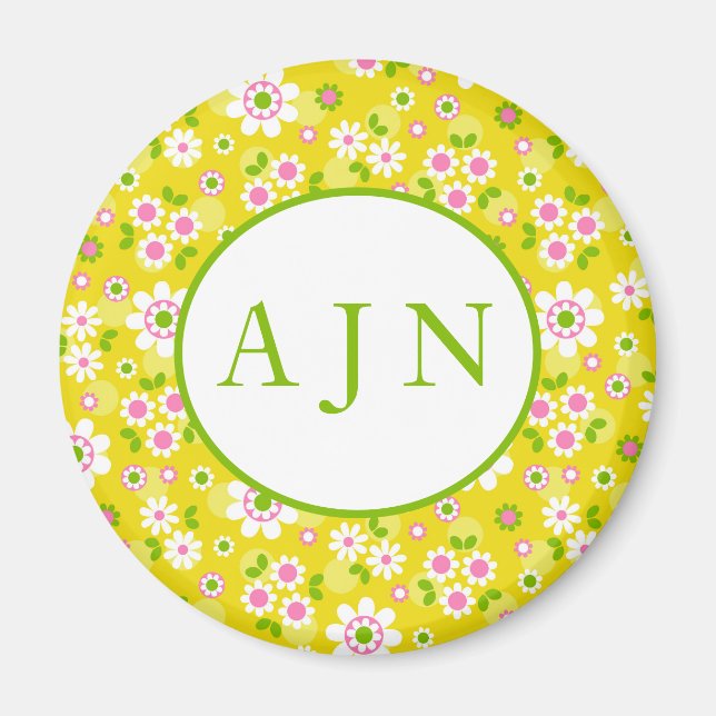 Aimant Fleurs Rétro Mod Jaune & Monogramme Blanc   (Devant)
