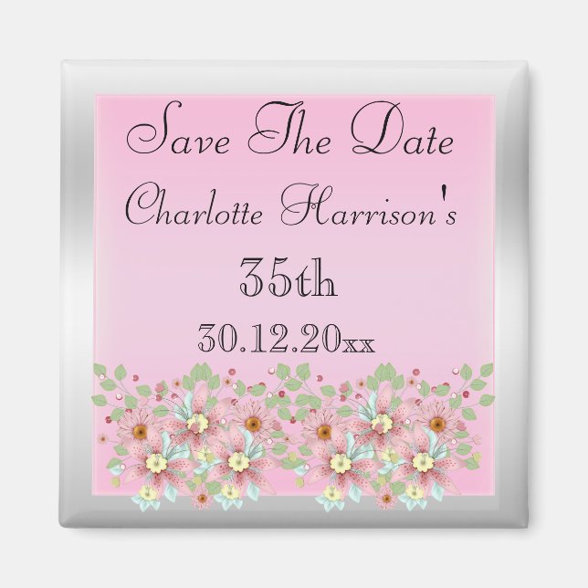 Aimant Fleurs Rose & Argent Save The Date 35ème (Devant)